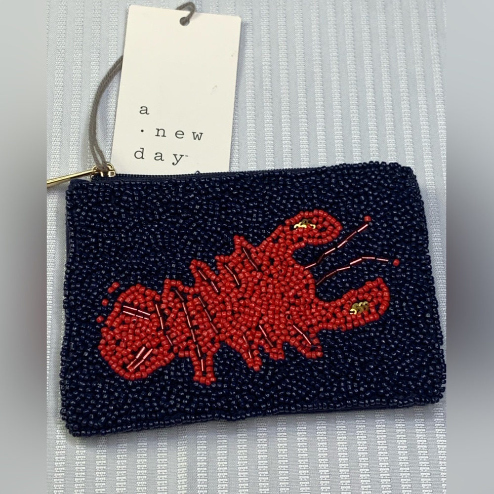 A New Day Dark Blue and Red Beaded Lobster Clutch. NWT